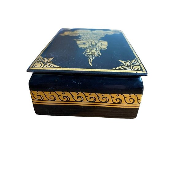Vintage Black Lacquer Decorative Box w/ Gilt Design Balinese Dancer 4.5"x3"x1.5" - Picture 5 of 16
